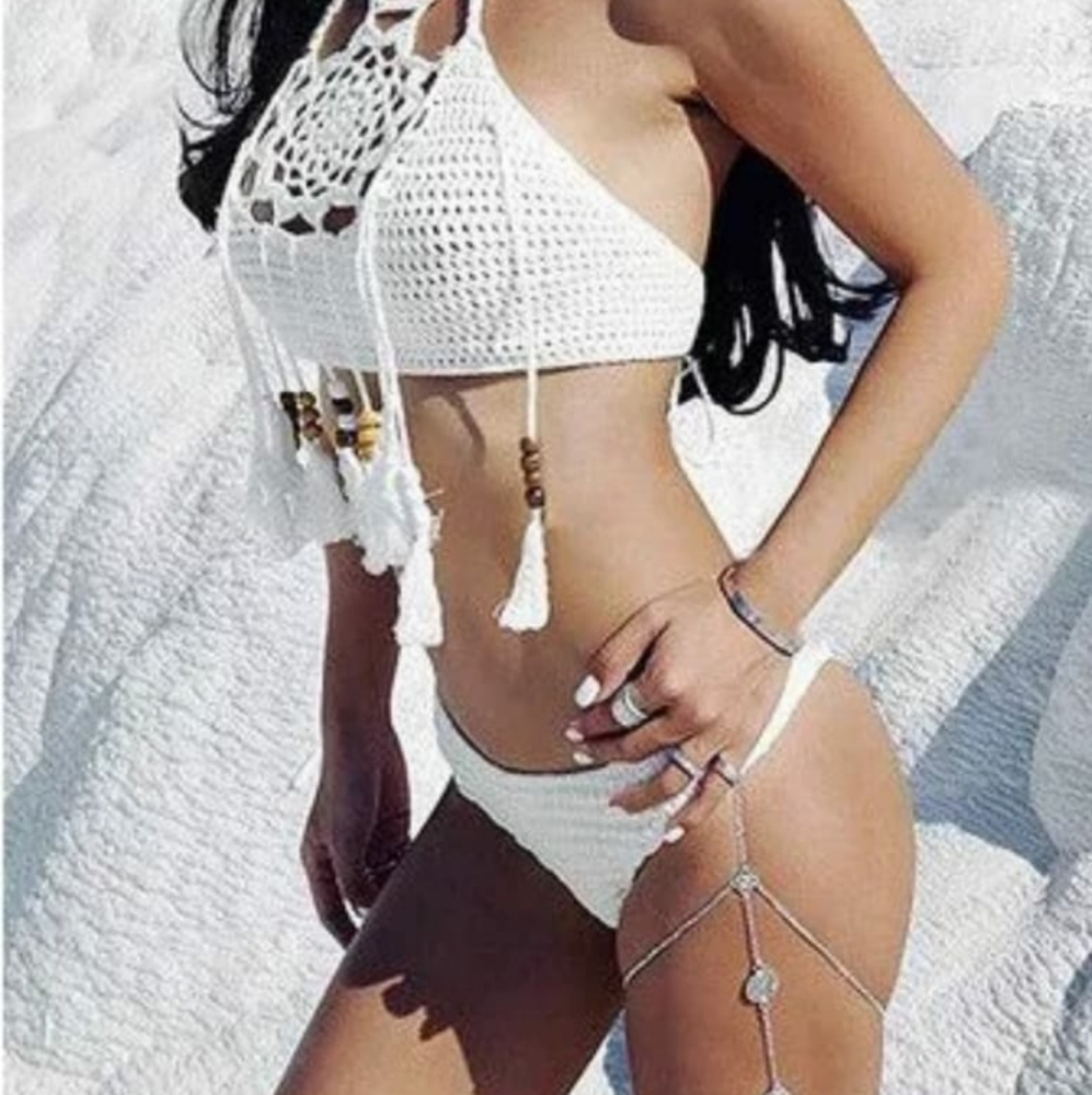 White Bikini Boho Knitted with Beads